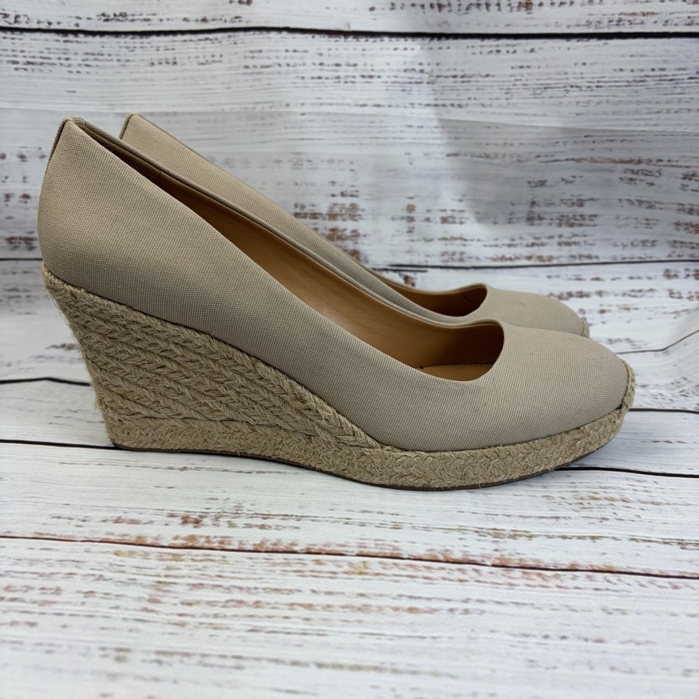J. CREW Seville Espadrille Wedges Tan Beige Color Canvas Heels Shoes 9.5 nwot‎